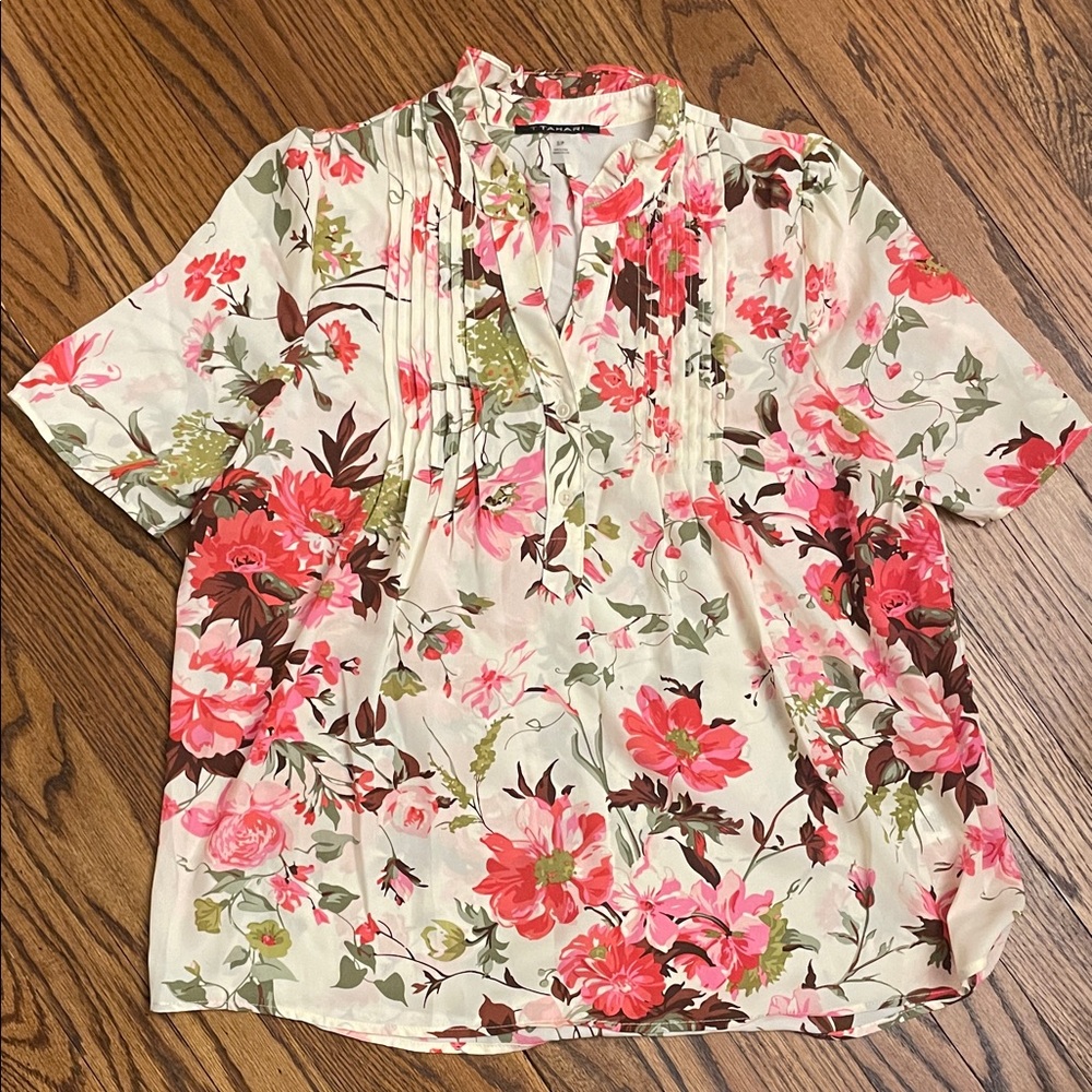 T Tahari Pink and Green Floral Blouse size S